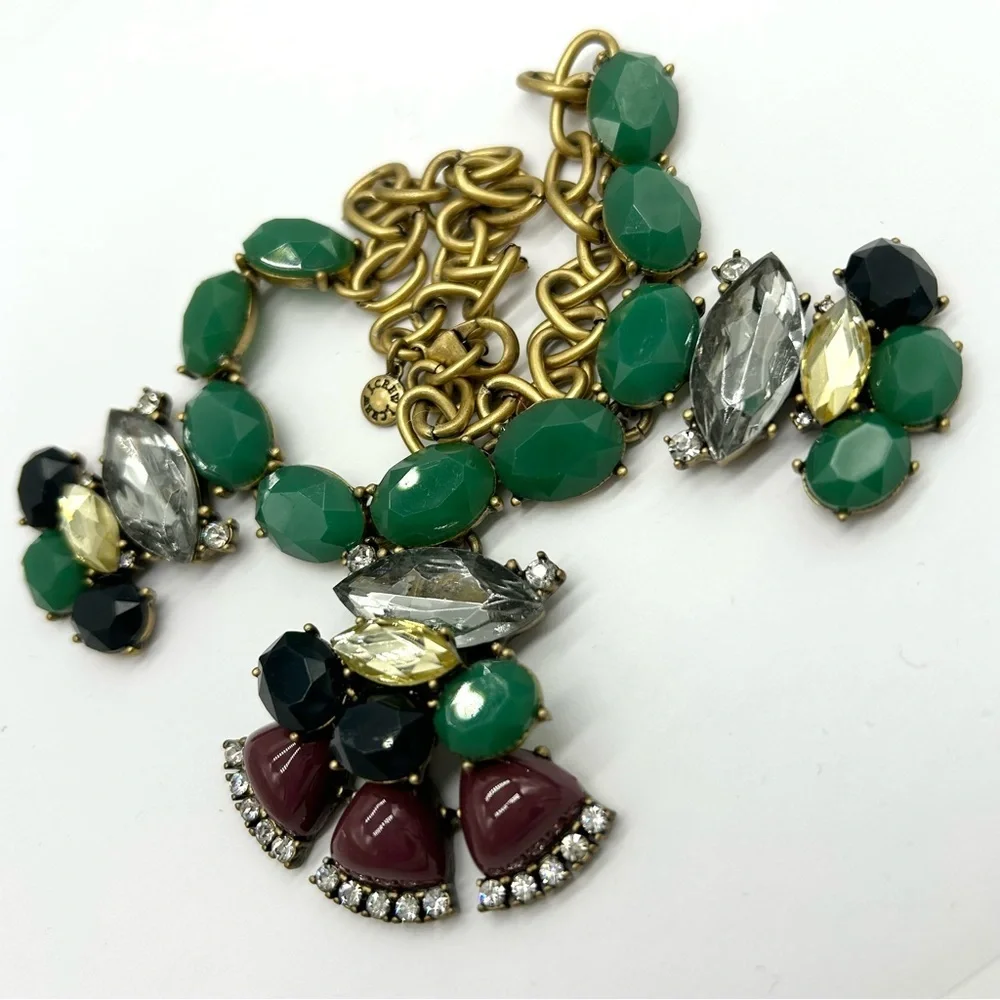 J. Crew Green and Burgundy Jeweled Necklace
